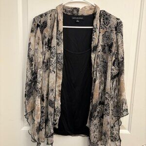 Women’s Sheer Open Front Cardigan Kimono – Neutral Black & Beige Floral Print